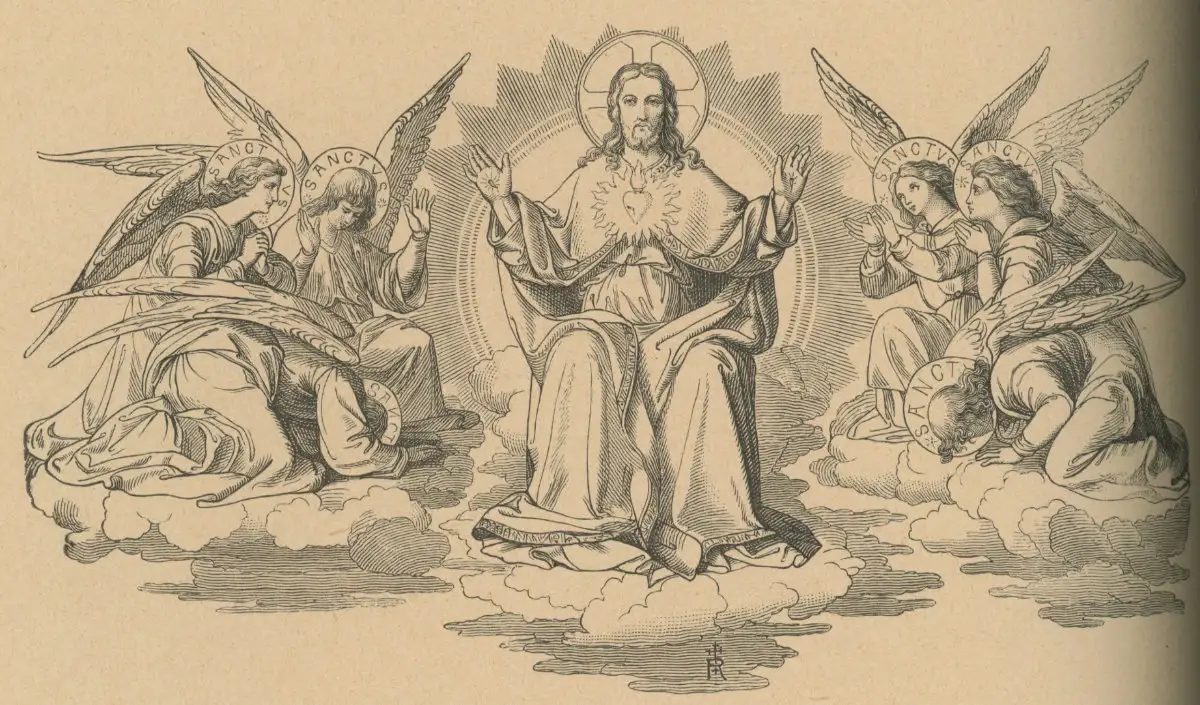 Christus sitzt in der Mitte, beide Hände ausgebreitet, so dass die Wundmale zu sehen sind; auf Seiner Brust ist Sein heiligstes Herz zu sehen.