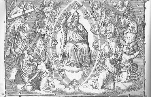 Der heilige Joseph ist der Patron der Sterbenden: er sitzt auf einer himmlischen Wolke, majestätisch mit einer Krone geschmückt; um ihn herum sind Engel, im Vordergrund sind vier mit Posaunen zu sehen; hinter ihnen sind Engel mit verschiedenen Gegenständen, u. a. einem Kreuz zu sehen; um den hl. Joseph sind Engelsköpfe angeordnet
