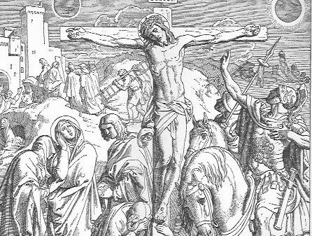 Jesus Christus hängt am Kreuz; rechts vor ihm sitzt Longinus auf seinem Pferd, links stehen Maria und Johannes; im Hintergrund sieht man die Schergen und Juden fortgehen