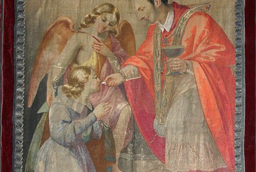 Kommuniongebete: Der hl. Karl Borromäus spendet dem hl. Aloysius Gonzaga die Kommunion. Goldbestickter Gobelin aus rotem Samt aus dem 19. Jhd. in Mailand