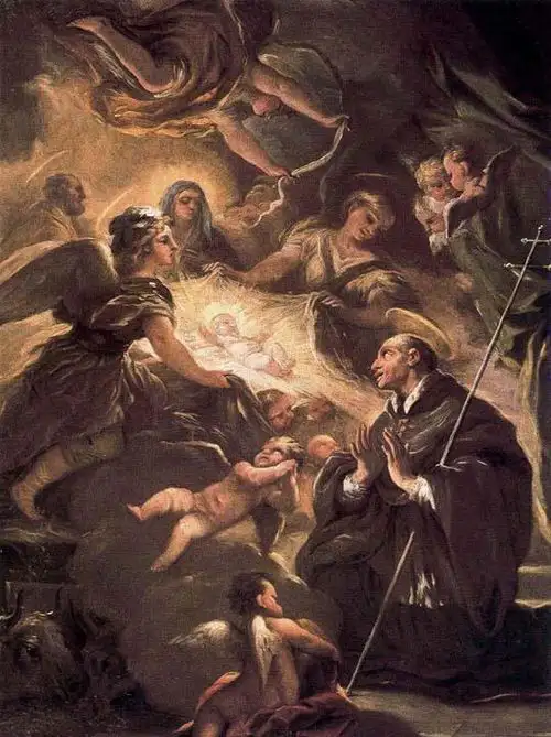 Heiliger Laurentius Justiniani Bischof: das Jesuskind anbetend, Gemälde von Luca Giordano, 17. Jahrhundert