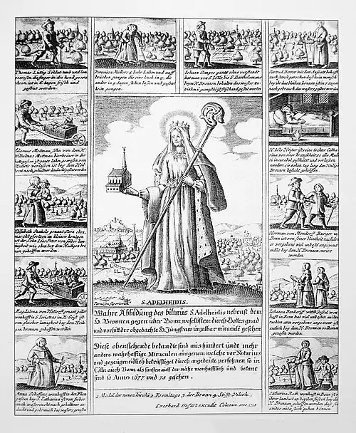 Heilige Adelheid Äbtissin zu Villich: einige ihrer Wunder auf einem Pilgerblatt aus dem 18. Jahrhundert