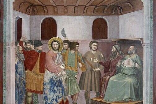 Erste Gerichtsverhandlung bei Kaiphas: Jesus vor Kajaphas, Gemälde von Giotto di Bondone (um 1305)