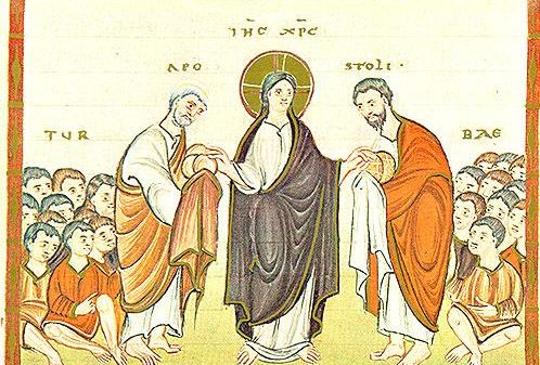 Die zweite Brotvermehrung im Gebiet Dekapolis: Darstellung im Codex Egberti, um 980–993 n. Chr