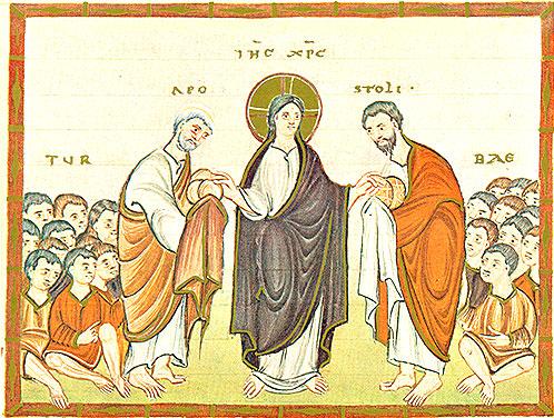 Die zweite Brotvermehrung im Gebiet Dekapolis: Darstellung im Codex Egberti, um 980–993 n. Chr