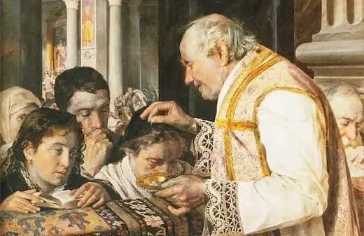 Aschermittwoch: Die Asche kann auch in Kreuzform auf den Kopf gestreut werden, wie auf diesem polnischen Gemälde von 1881 zu sehen.