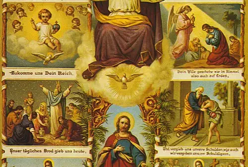 Kurze Auslegung des Vaterunser: Text des „Vaterunser“ mit der Dreifaltigkeit in der Mittelspalte.