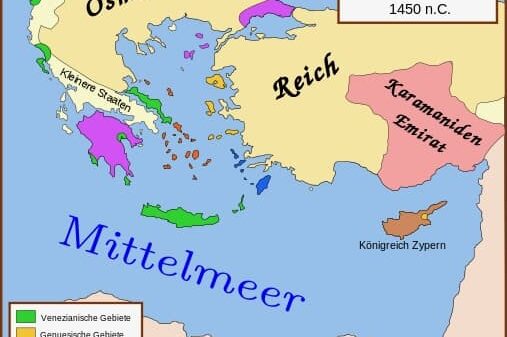 Die türkische Herrschaft unter Murad II.: Ausdehnung des Byzantinischen und des Osmanischen Reichs um 1450