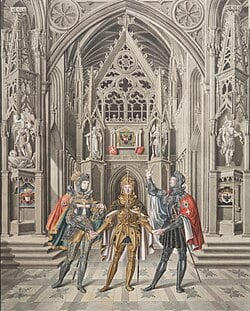 Die Heilige Allianz von 1815: Kaiser Franz I. von Österreich in der Mitte, Zar Alexander I. von Russland links und König Friedrich Wilhelm III. von Preussen rechts.