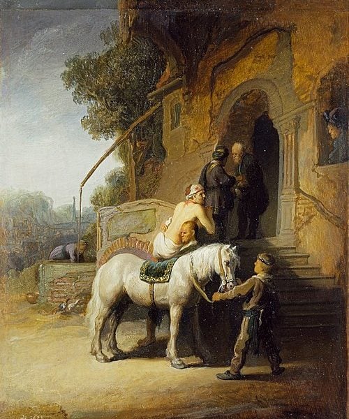 Christus der barmherzige Samariter: Gemälde von Rembrandt