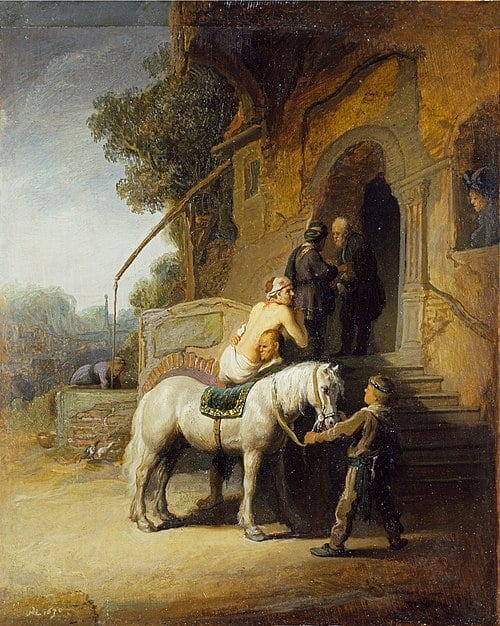 Christus der barmherzige Samariter: Gemälde von Rembrandt