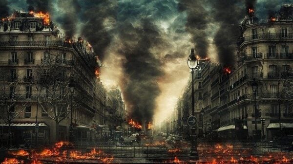 Die Katastrophe am Ende der Welt: die Erde wird in Flammen aufgehen, Städte brennen, schwarze Rauchwolken steigen überall auf