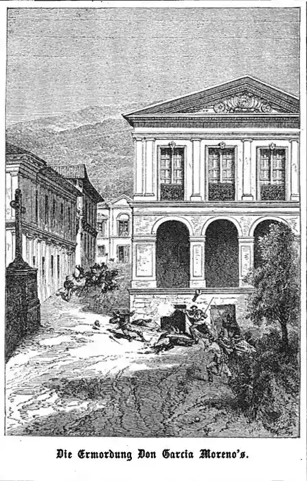 Die Ermordung Morenos auf dem Platz vor der Säulenhalle