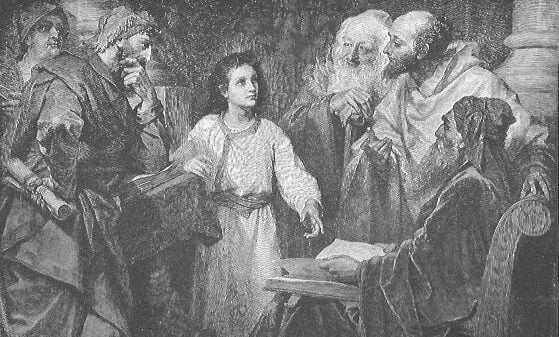 Der zwölfjährige Jesus steht im Tempel von Jerusalem inmitten der Gesetzeslehrer und beantwortet Fragen; jene aber staunten über seine Weisheit
