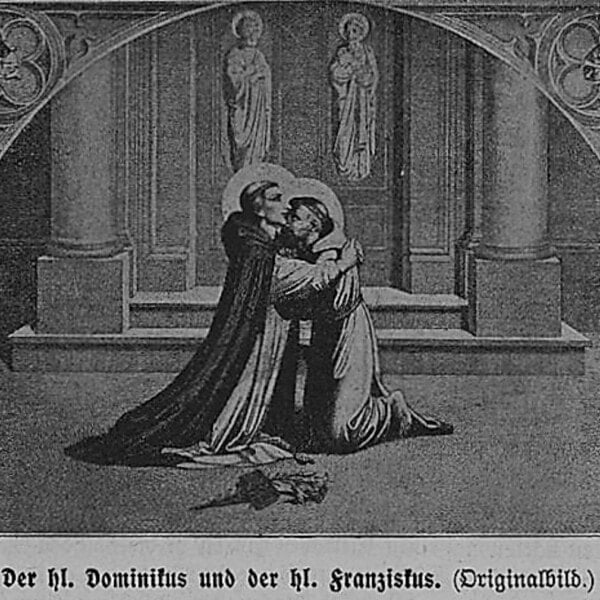 Die zwei heiligen Ordengründer Dominikus und Franziskus kniend und in Umarmung