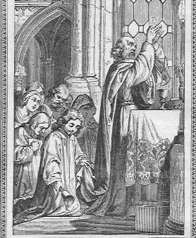 Das unblutige Opfer der heiligen Messe vom Priester am Altar vollzogen und das gläubige Volk kniet und betet an