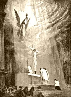 Messandacht zum heiligsten Herzen Jesu: Priester, Jesus am Kreuz und der Engel mit dem Kelch