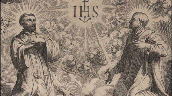 Ignatius von Loyola und Francisco Xavier vor dem Christusmonogramm, dem Zeichen des Ordens der Jesuiten