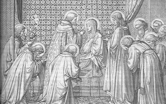 Arm und demütig, aber schön, wie sie stets gewesen, sitzt Maria im ärmlichen Bettlein, in ihr einfaches Gewand gehüllt.