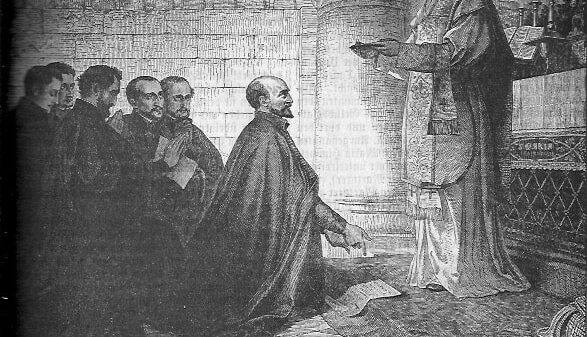 Gründung des Jesuitenordens: Der heilige Ignatius von Loyola kniet vor dem Papst, der ihm die Gründungsbulle überreicht