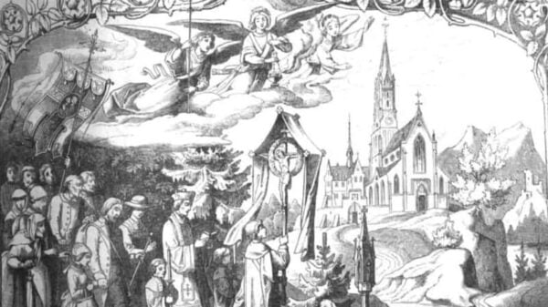 Eine Prozession christgläubiger Katholiken zu einem Gnadenort der Muttergottes Maria