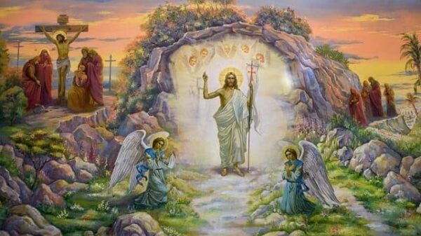 Die glorreiche Auferstehung Jesu Christi: Christus mit der Siegesfahne in der Hand.